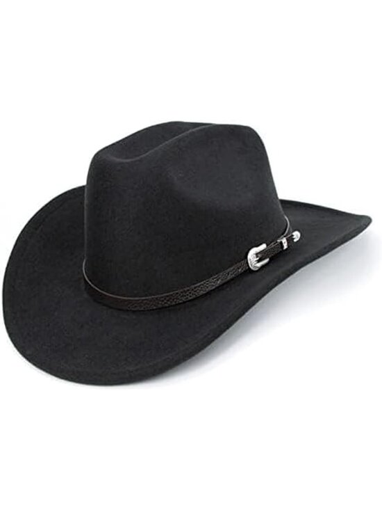 Unisex Black Western Cowboy Hat Classic Roll Up Fedora Hat with Buckle Belt
